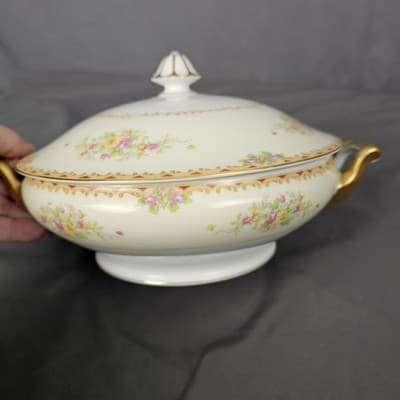 Nortake Covered Serving Bowl & Lid Veg Soup Japan M-Mark Floral Spray Red & Gold - Thumbnail 14