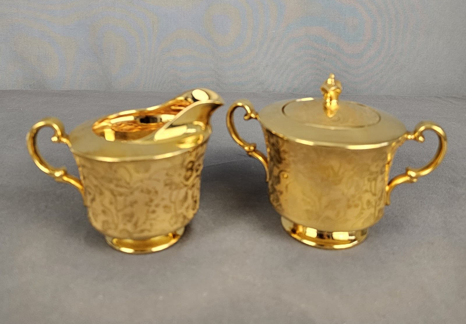 Vintage Stouffer Creamer and Sugar Set Floral Etched Gold Plated
