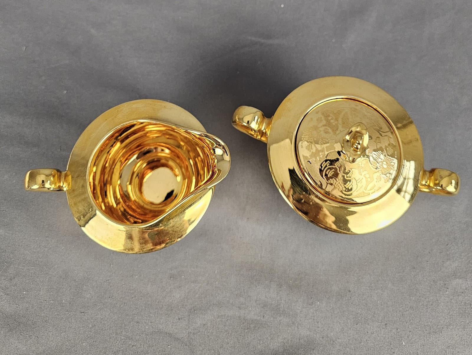 Vintage Stouffer Creamer and Sugar Set Floral Etched Gold Plated - Thumbnail 3