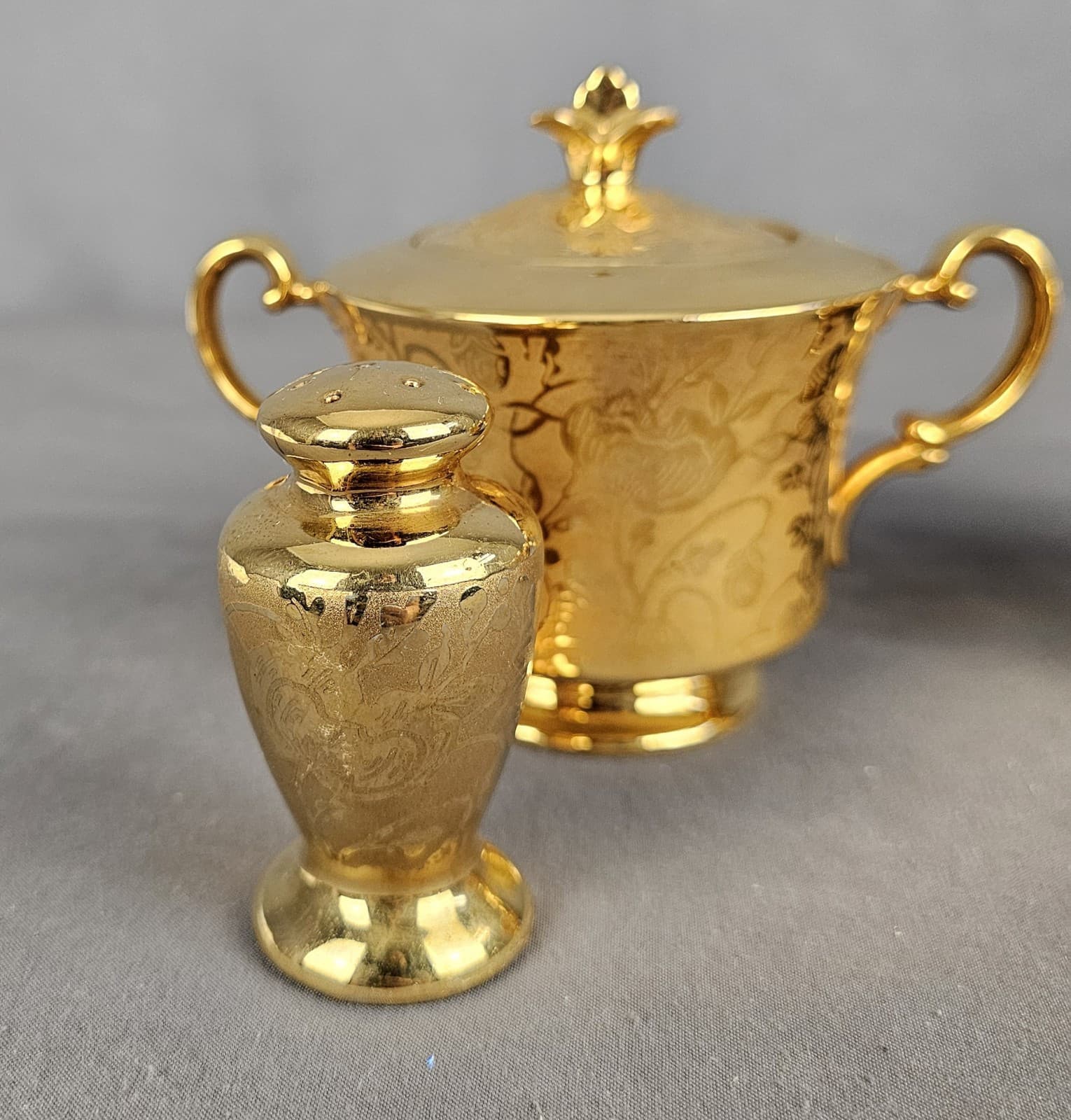Vintage Stouffer Creamer and Sugar Set Floral Etched Gold Plated - Thumbnail 12