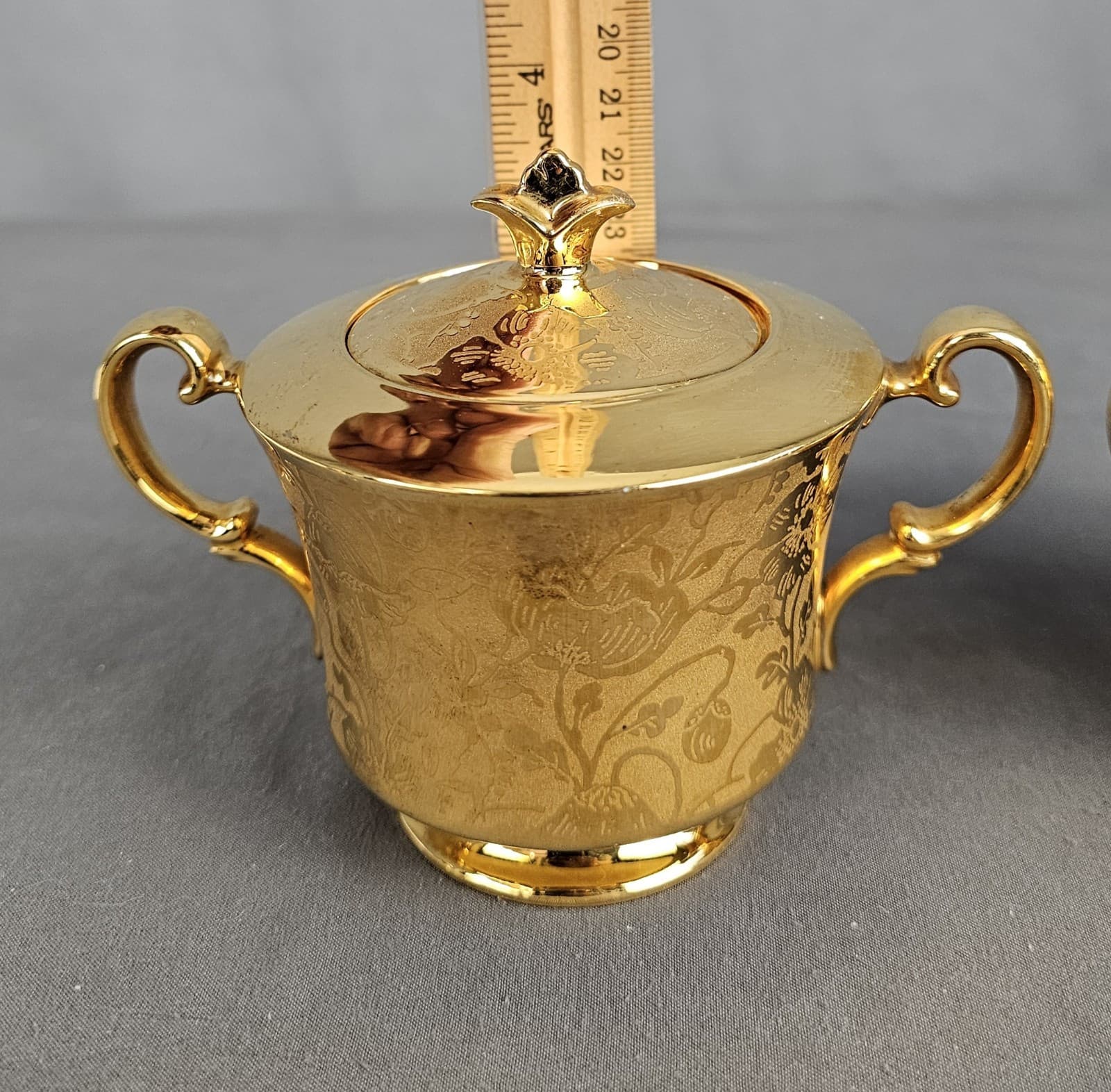 Vintage Stouffer Creamer and Sugar Set Floral Etched Gold Plated - Thumbnail 10