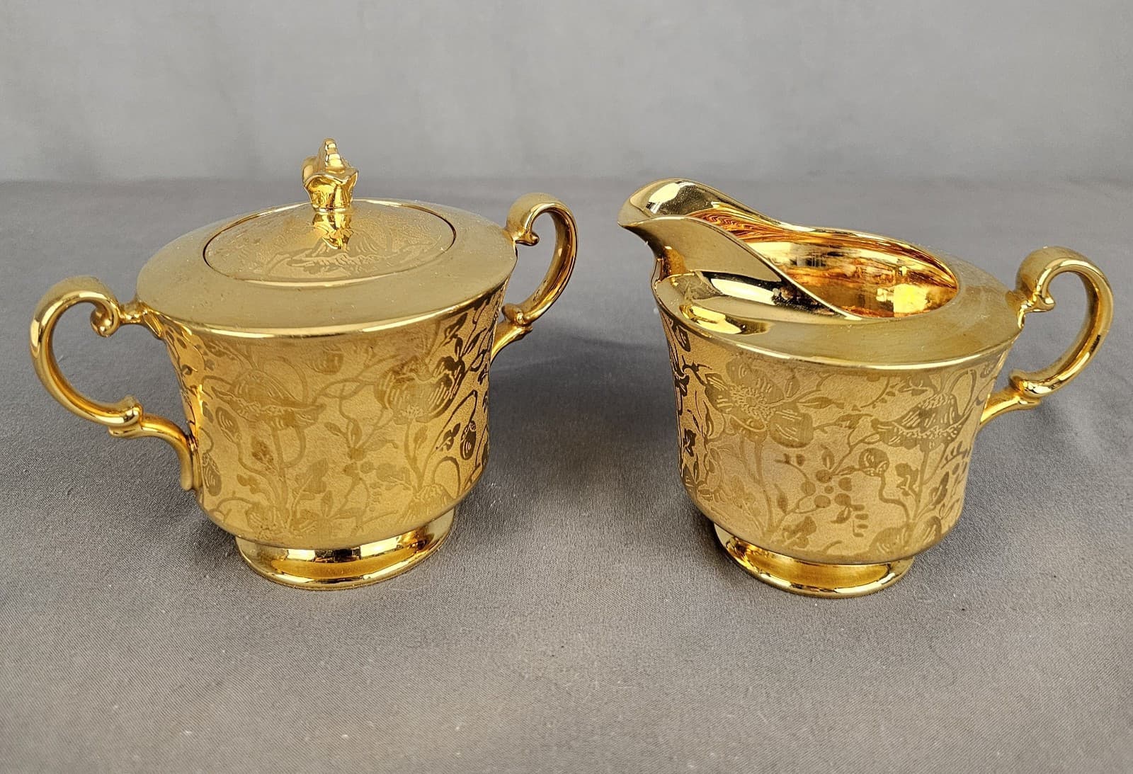 Vintage Stouffer Creamer and Sugar Set Floral Etched Gold Plated - Thumbnail 4