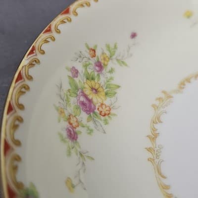 Nortake 7.25" Salad Soup Bowl Japan M-Mark Floral Spray Red & Gold Scroll Set/2 - Thumbnail 2