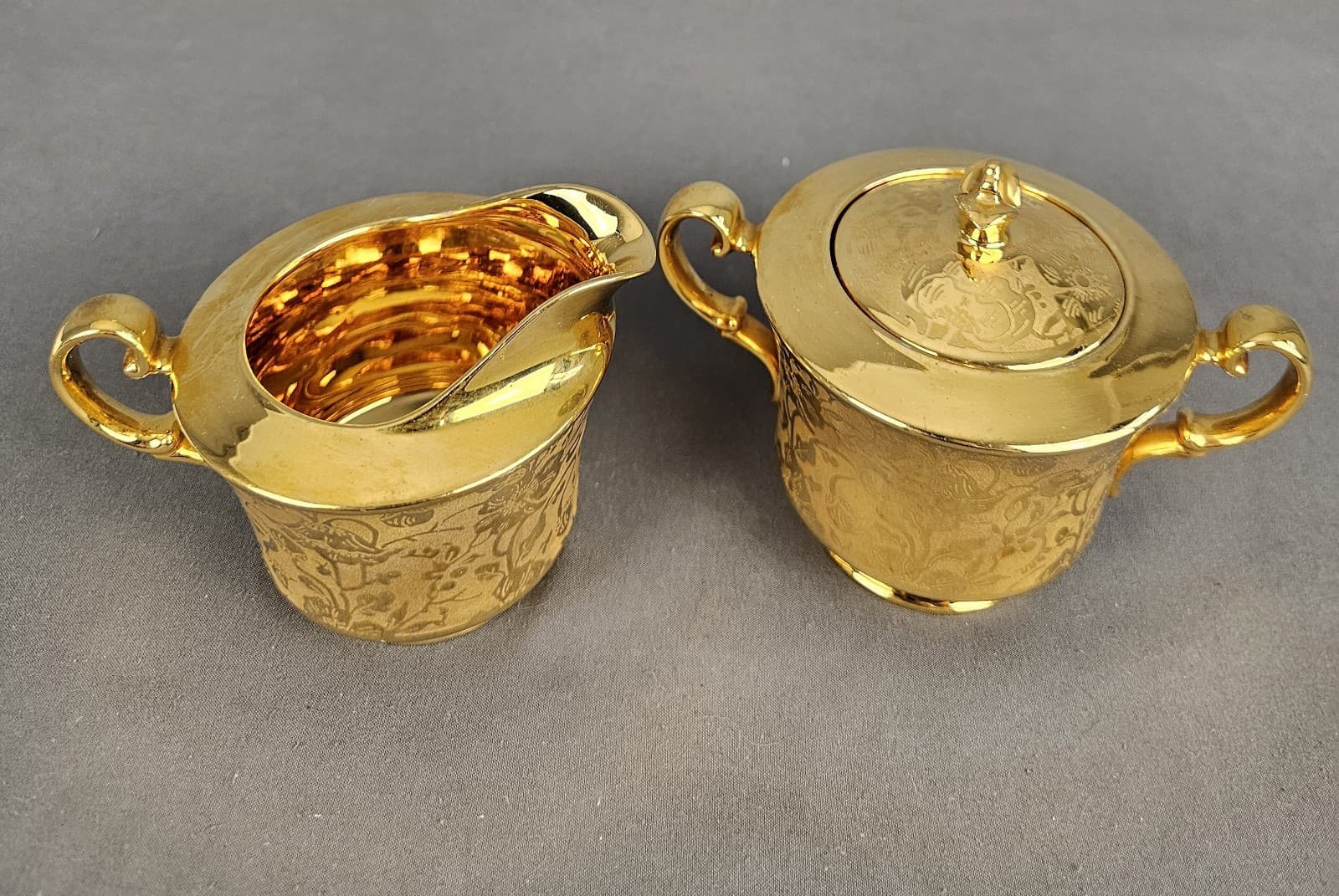 Vintage Stouffer Creamer and Sugar Set Floral Etched Gold Plated - Thumbnail 2