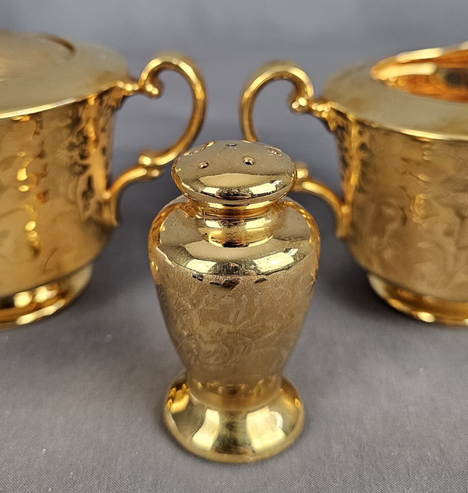 Vintage Stouffer Creamer and Sugar Set Floral Etched Gold Plated - Thumbnail 13