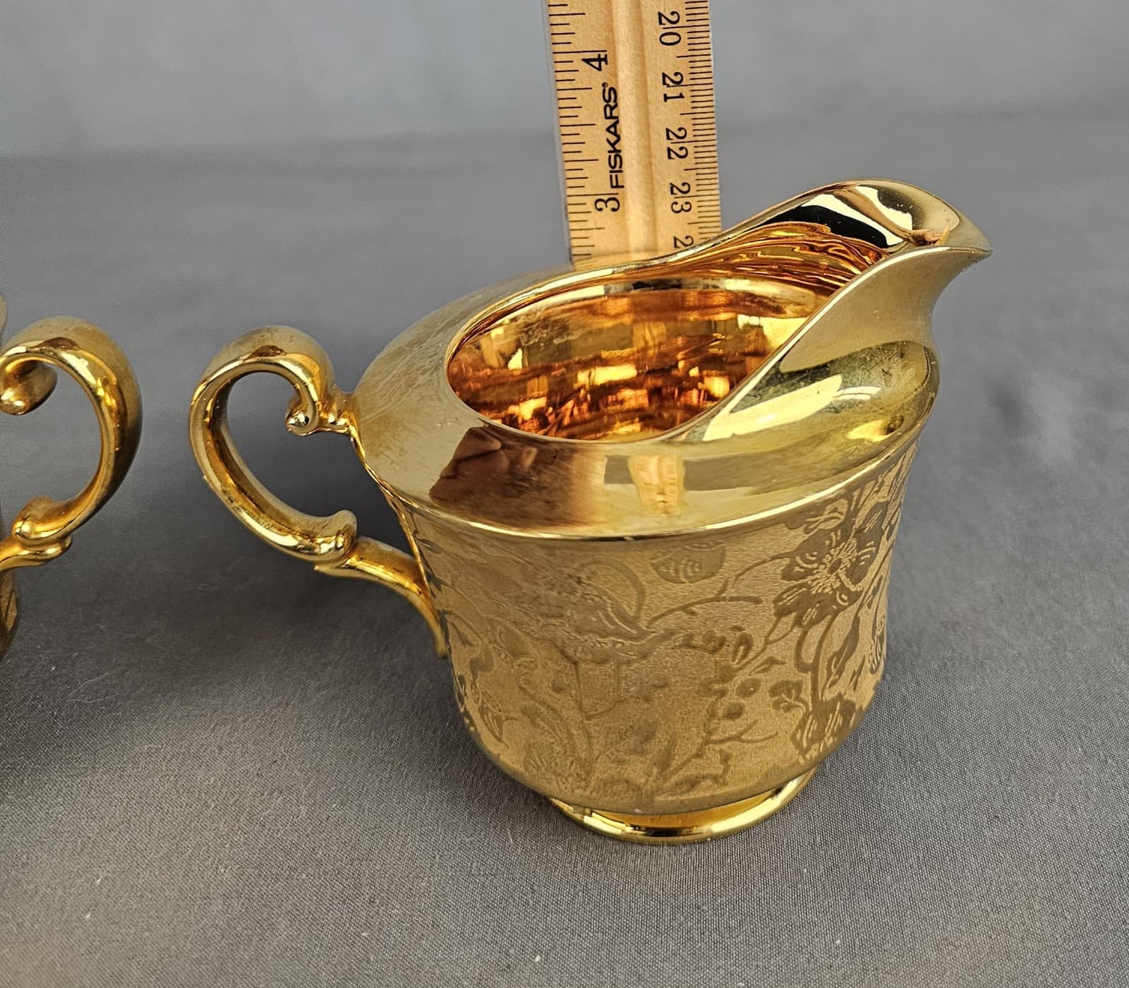 Vintage Stouffer Creamer and Sugar Set Floral Etched Gold Plated - Thumbnail 11