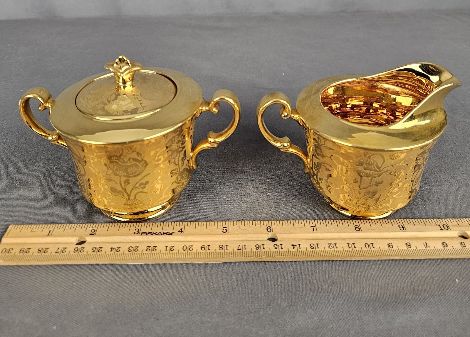 Vintage Stouffer Creamer and Sugar Set Floral Etched Gold Plated - Thumbnail 9