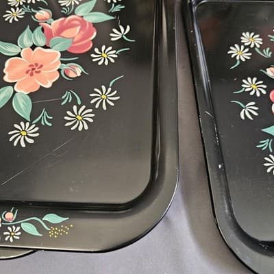 (8) 1950s Toleware Floral Flowers Large Metal TV Tray 14.5"x10.75 " - Thumbnail 10