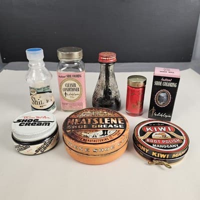Lot of Vintage Shoe & Boot Shine Polish Tins & Bottles Esquire Pioneer Shoeshine