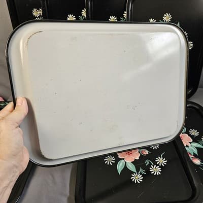 (8) 1950s Toleware Floral Flowers Large Metal TV Tray 14.5"x10.75 " - Thumbnail 8