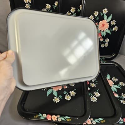 (8) 1950s Toleware Floral Flowers Large Metal TV Tray 14.5"x10.75 " - Thumbnail 7