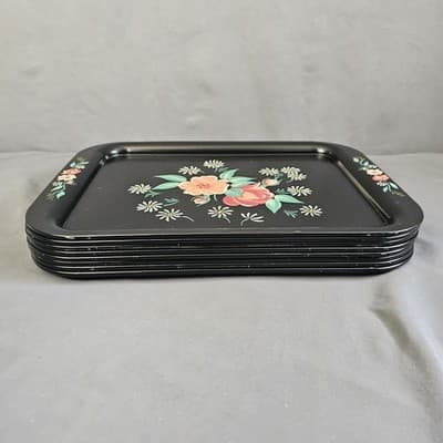 (8) 1950s Toleware Floral Flowers Large Metal TV Tray 14.5"x10.75 " - Thumbnail 12