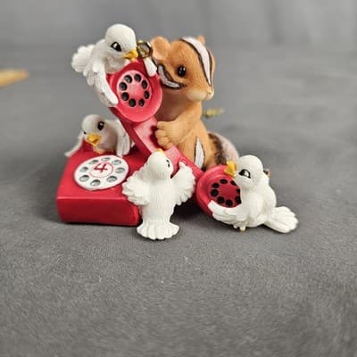 Vintage 12 Days of Christmas Ornament Chipmunk w/ 4 Calling Doves on Telephone