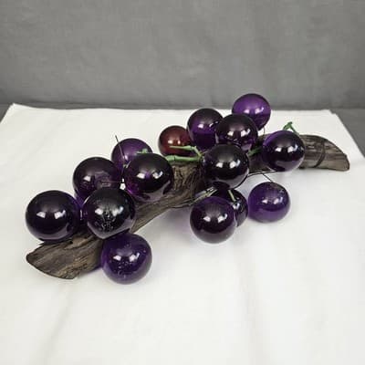 Vintage Beautiful Lucite Purple Grapes Cluster on Driftwood MCM 1960's