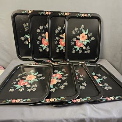 (8) 1950s Toleware Floral Flowers Large Metal TV Tray 14.5"x10.75 " - Thumbnail 2