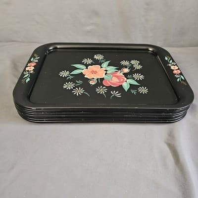 (8) 1950s Toleware Floral Flowers Large Metal TV Tray 14.5"x10.75 " - Thumbnail 13