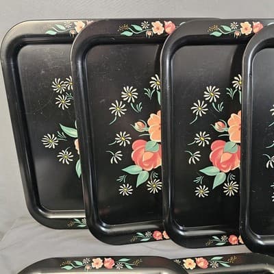 (8) 1950s Toleware Floral Flowers Large Metal TV Tray 14.5"x10.75 " - Thumbnail 4