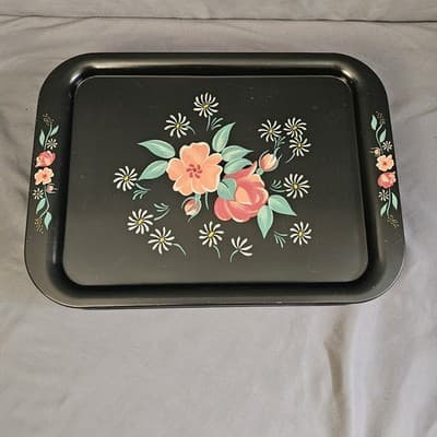 (8) 1950s Toleware Floral Flowers Large Metal TV Tray 14.5"x10.75 " - Thumbnail 14