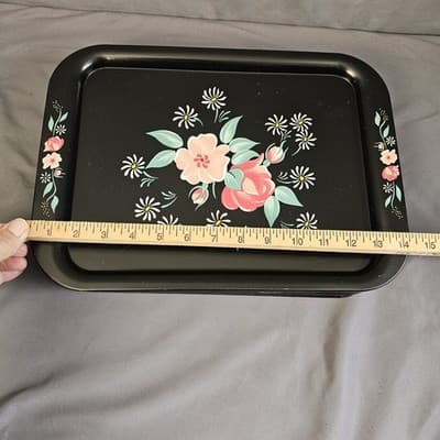 (8) 1950s Toleware Floral Flowers Large Metal TV Tray 14.5"x10.75 " - Thumbnail 15
