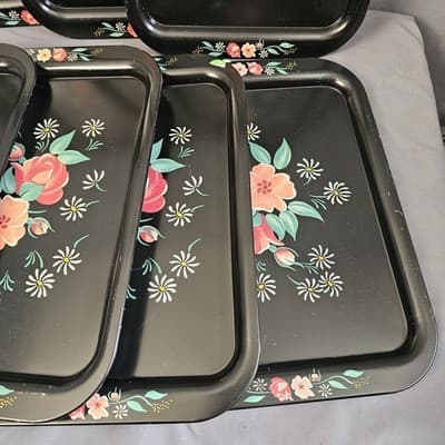 (8) 1950s Toleware Floral Flowers Large Metal TV Tray 14.5"x10.75 " - Thumbnail 6
