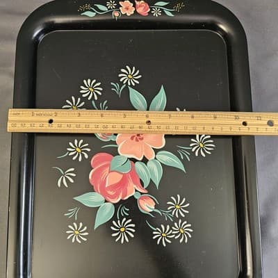 (8) 1950s Toleware Floral Flowers Large Metal TV Tray 14.5"x10.75 " - Thumbnail 16