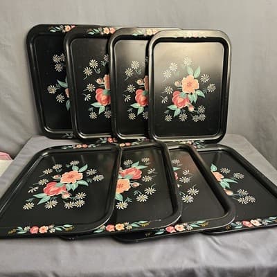 (8) 1950s Toleware Floral Flowers Large Metal TV Tray 14.5"x10.75 "