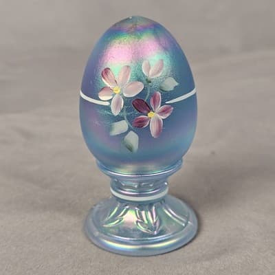 Celeste Blue Iridescent Satin Fenton Glass Egg, Floral design, signed