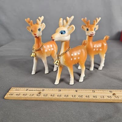 Vintage Plastic Reindeer Deer Christmas Decor Swivel Head Set 3 Bells - Thumbnail 4