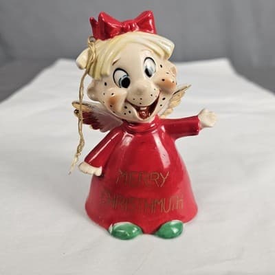 Vintage Kreiss Merry Christmuth Freckled Face Single Tooth Christmas Bell Japan