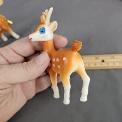 Vintage Plastic Reindeer Deer Christmas Decor Swivel Head Set 3 Bells - Thumbnail 10