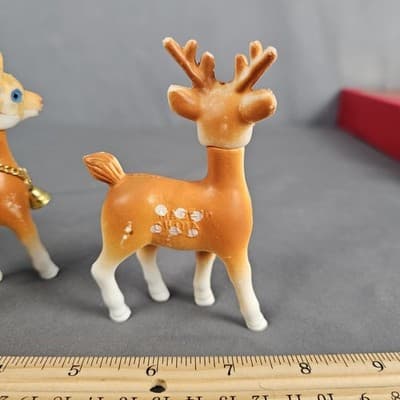 Vintage Plastic Reindeer Deer Christmas Decor Swivel Head Set 3 Bells - Thumbnail 7