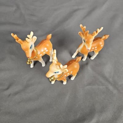 Vintage Plastic Reindeer Deer Christmas Decor Swivel Head Set 3 Bells - Thumbnail 3