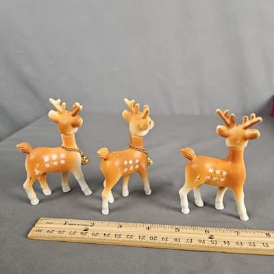 Vintage Plastic Reindeer Deer Christmas Decor Swivel Head Set 3 Bells - Thumbnail 5