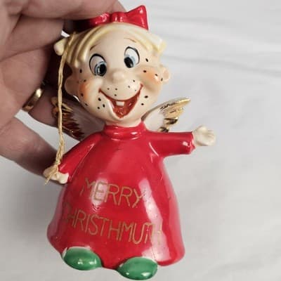 Vintage Kreiss Merry Christmuth Freckled Face Single Tooth Christmas Bell Japan - Thumbnail 4