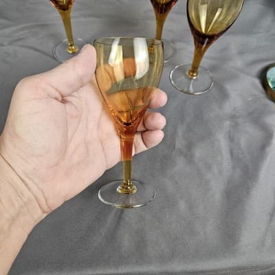 Vintage Amber Blown Glass Wine/ Cordial Glasses Set of 4, 5.5" Stemware - Thumbnail 3
