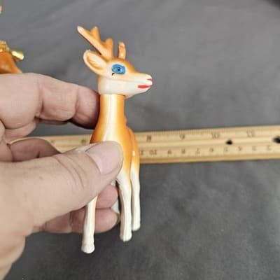 Vintage Plastic Reindeer Deer Christmas Decor Swivel Head Set 3 Bells - Thumbnail 11