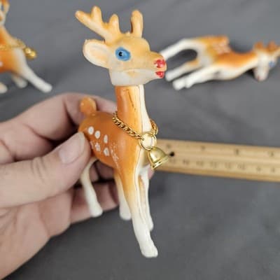 Vintage Plastic Reindeer Deer Christmas Decor Swivel Head Set 3 Bells - Thumbnail 12