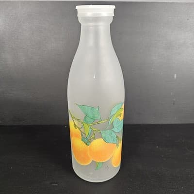 Vintage Tall Frosted Orange Juice Decanter with Lid 10.5" Tall Oranges w Leaves