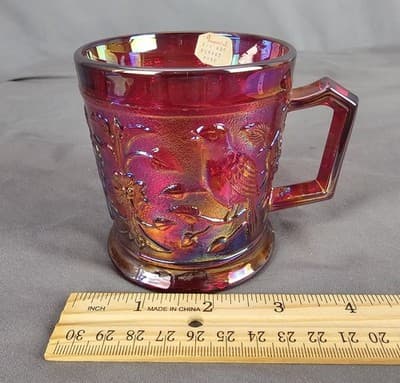 Vintage Imperial Glass Ruby Red Carnival Bird on Branch Cup Mug Robin - Thumbnail 7