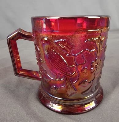 Vintage Imperial Glass Ruby Red Carnival Bird on Branch Cup Mug Robin - Thumbnail 3