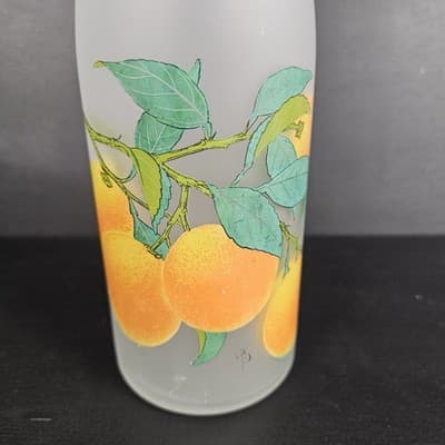 Vintage Tall Frosted Orange Juice Decanter with Lid 10.5" Tall Oranges w Leaves - Thumbnail 2
