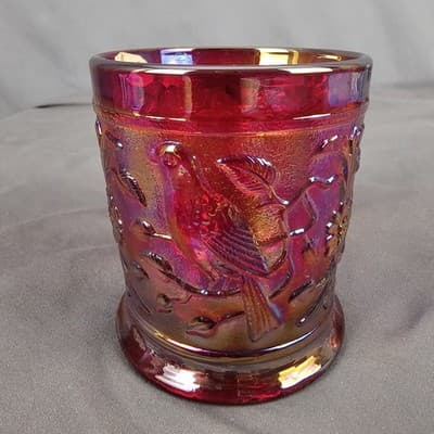 Vintage Imperial Glass Ruby Red Carnival Bird on Branch Cup Mug Robin - Thumbnail 4