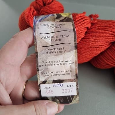 Cascade Yarns Sierra 80% Pima Cotton 20% Wool Orange Col 445, 3.5oz, 191yd Peru - Thumbnail 3