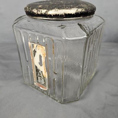 Vintage Hoosier Cabinet Glass Jar H Pattern Sugar Cookie Canister Flower Tin Lid