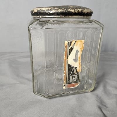 Vintage Hoosier Cabinet Glass Jar H Pattern Sugar Cookie Canister Flower Tin Lid - Thumbnail 2