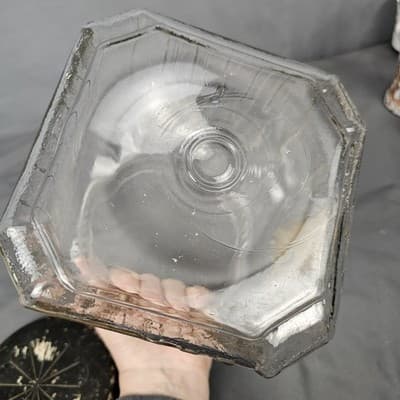 Vintage Hoosier Cabinet Glass Jar H Pattern Sugar Cookie Canister Flower Tin Lid - Thumbnail 9
