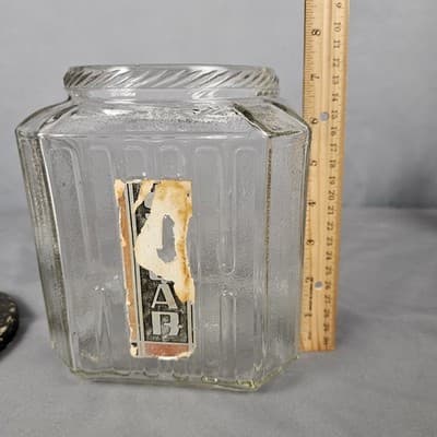 Vintage Hoosier Cabinet Glass Jar H Pattern Sugar Cookie Canister Flower Tin Lid - Thumbnail 19
