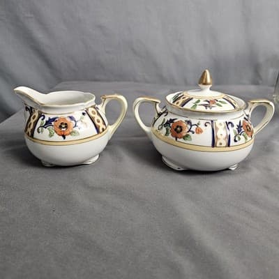 Antique Noritake Hand Painted Cream & Sugar Bowl w Lid Japan - Thumbnail 2