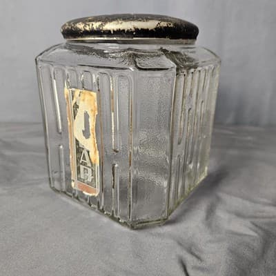 Vintage Hoosier Cabinet Glass Jar H Pattern Sugar Cookie Canister Flower Tin Lid - Thumbnail 3