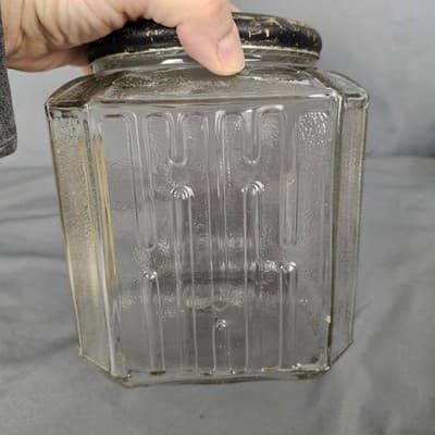 Vintage Hoosier Cabinet Glass Jar H Pattern Sugar Cookie Canister Flower Tin Lid - Thumbnail 4